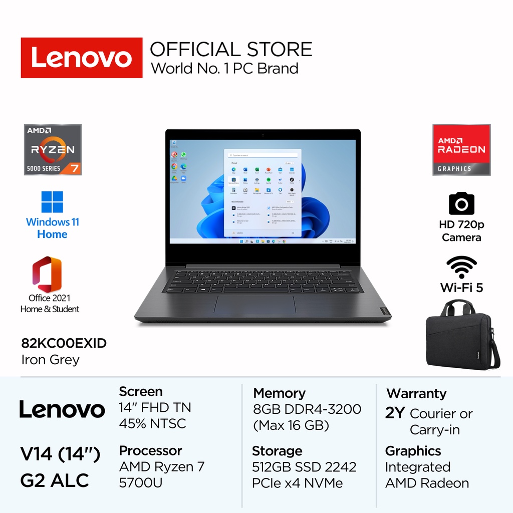 Lenovo V14 G2 ALC EXID Ryzen 7 5700U Win11 Home 8GB 512GB SSD 14" FHD TN 250nits 45% NTSC Antiglare Integrated AMD Radeon OHS Laptop Bisnis 14inch 82KC00EXID Iron Grey Windows Office 2021