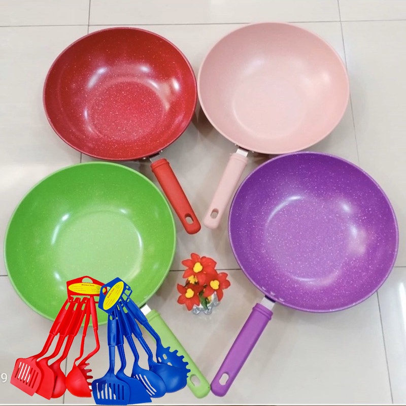 Wajan Frypan Warna Anti Lengket Gratis Spatula Set 5pcs / panci wajan teflon warna warni merebus menggoreng kulit lumpia terur mata sapi mie goreng