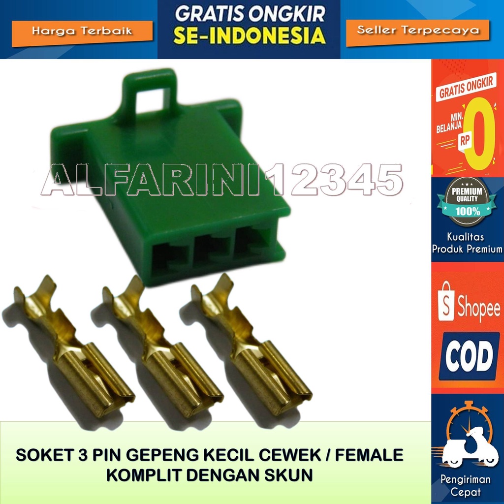 Soket Kabel Gepeng 3 Pin kecil Cewek Female Original Komplit Dengan Skun Warna Hijau Bahan Nylon Tah