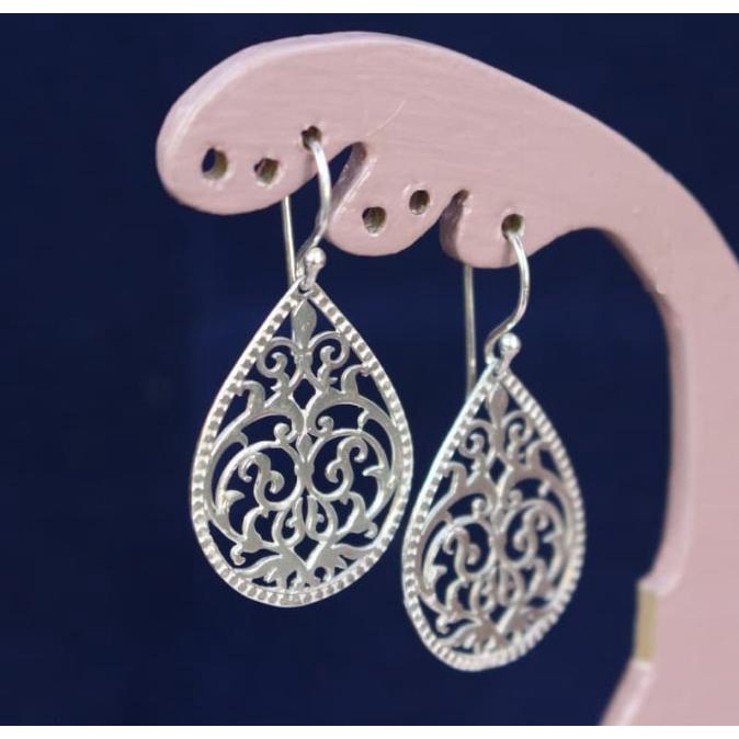 Anting Perak Bali Ellipse Ukir