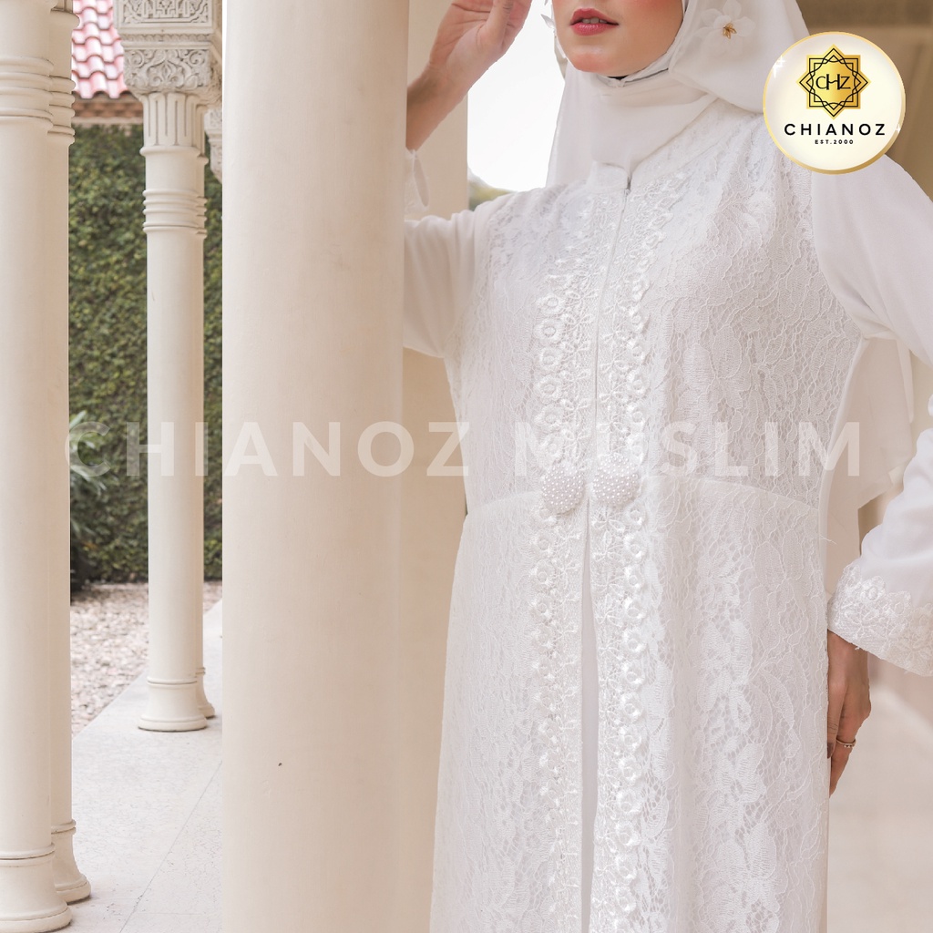 CHIANOZ Gamis Putih Mewah Nikita Dress Brukat Renda Baju Lebaran Umroh Haji Manasik Pesta Akad 317 323