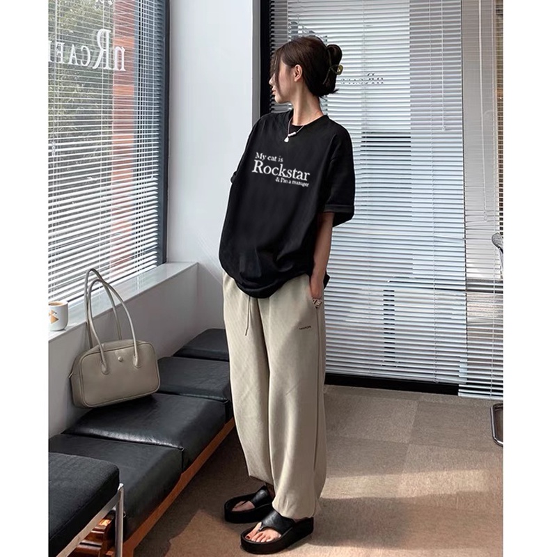 kaos wanita korean style premium import oversize lengan pendek letter pattern printed t-shirt kekinian atasan wanita warna hitam