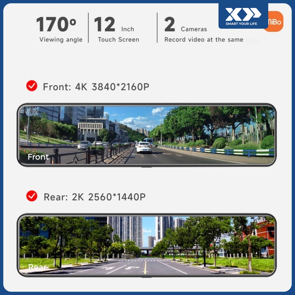 MiBo Dash Cam A8 4K+2K HDR Rearview 12inch Car Camera Original