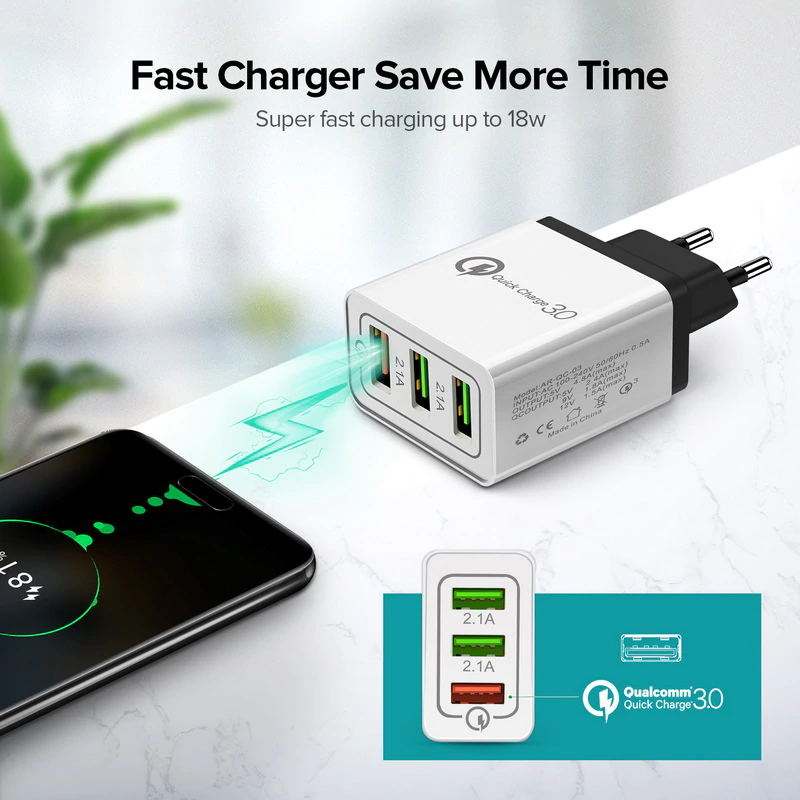 Charger Plug-In Dinding Quick Populer Multiport Untuk Handphone Universal 18w 3usb 3.0 Quick Charging