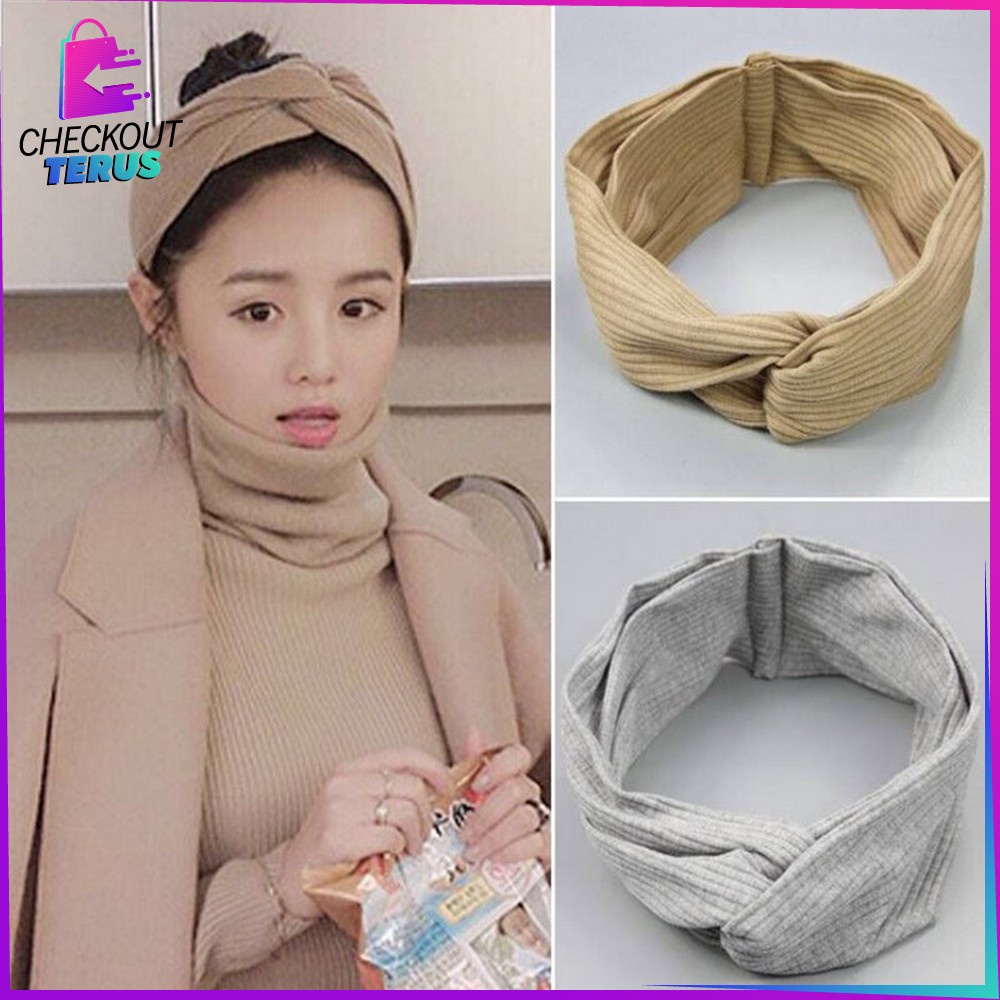 CT C63 Bando Korea Wanita Aksesoris Rambut Motif Garis Salur Karet Elastis Dengan Kancing Pengait MaskerHeadband Bendo Import