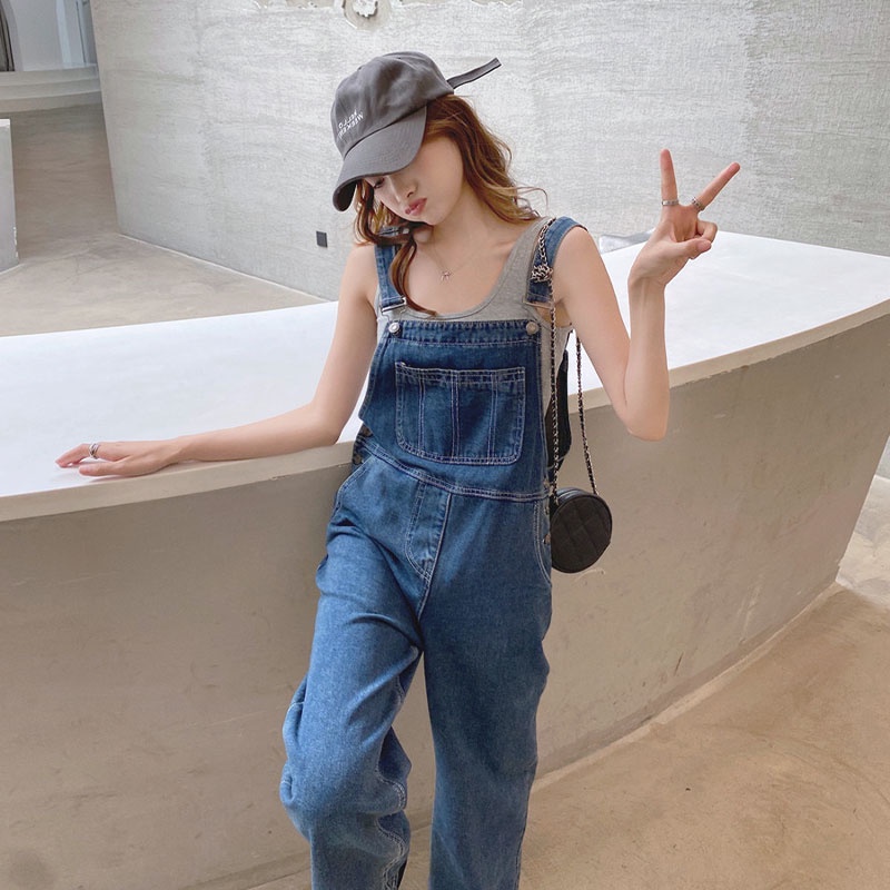 Overall Jeans Loose Wanita Santai Biru Korea Style