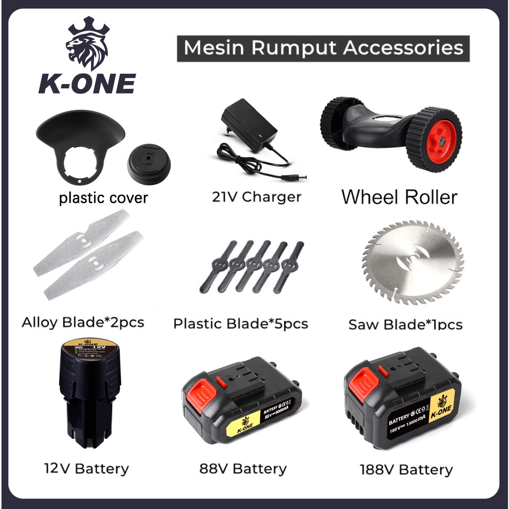 Mesin Potong Rumput Baterai 12V 88V 188V, Charger, Pisau Baja, Gergaji, Rol Roda dan Penutup Plastik