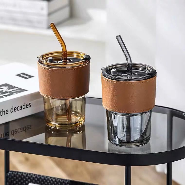 1pc 400ML Tumbler Gelas Kaca (FREE Straw Kaca) Vintage Aesthetic Bottle Cup For Coffee - HW101