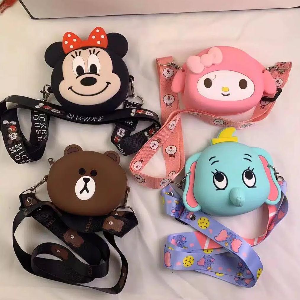 DOMPET TAS MINI JELLY SILIKON ANAK LINE MIKI MELODI GAJAH KARAKTER COIN BAG TRIP .