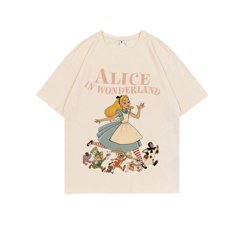 Premium Atasan Wanita Lengan Pendek/Fairy Tales Cartoon Graffiti Print T-shirt Kekinian Kaos Cream