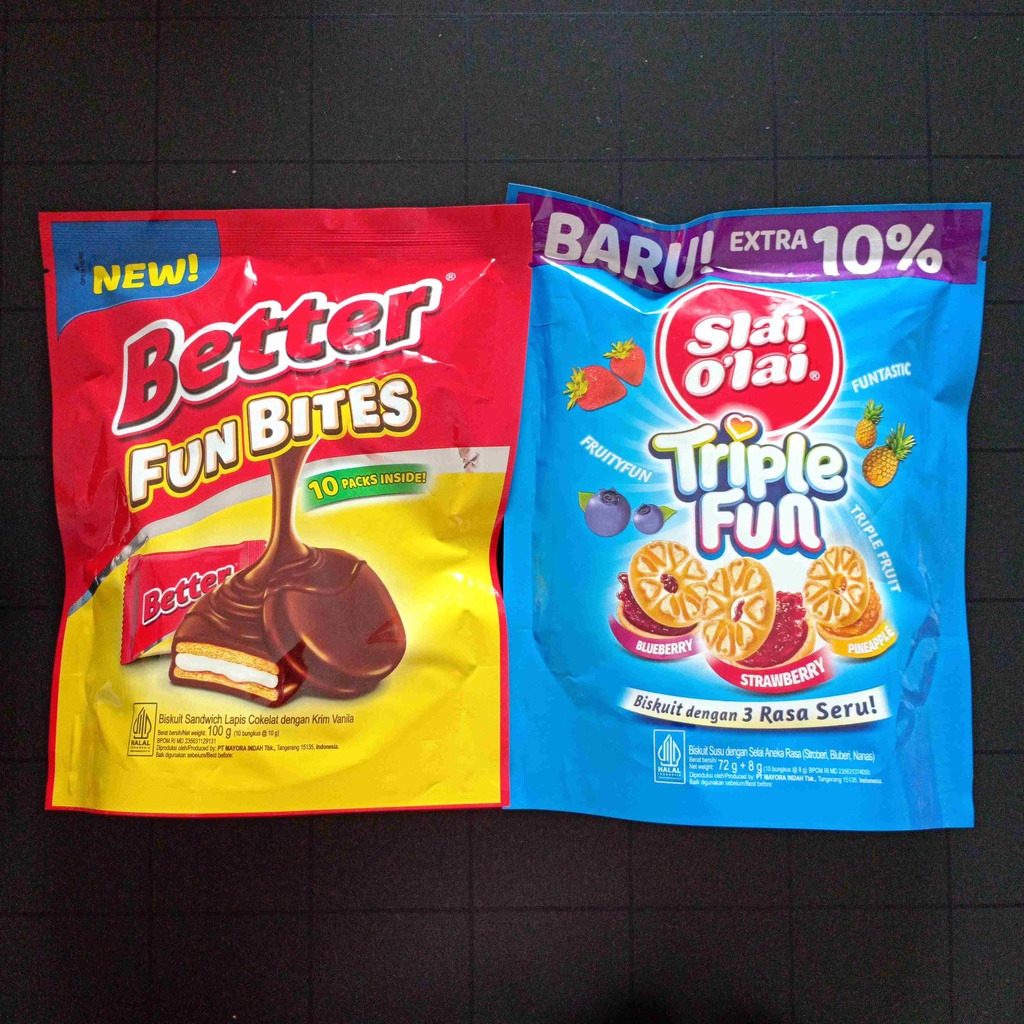 Mayora Share it isi 10 Beng Beng BengBeng Kalpa Better Slai Olai Triple Fun Bites Biskuit Wafer Caramel Crispy Chocolate Coklat Cokelat Kelapa Cemilan Snack