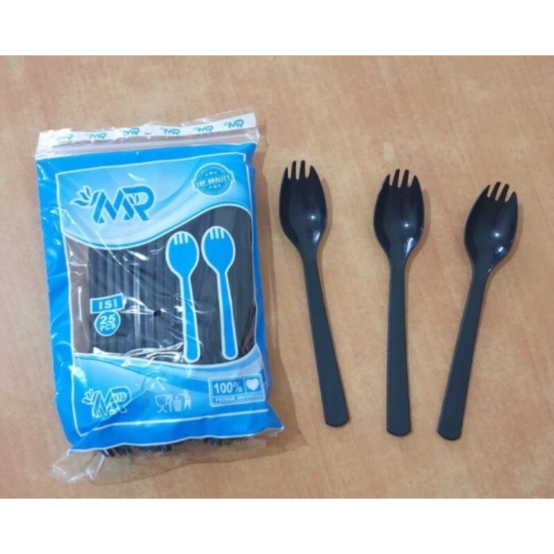 Spork Sendok Garpu Plastik 2 in 1 Hitam 1 pak isi 25pcs Spoon Fork