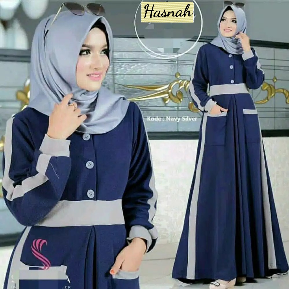 Hasnah - Bisa COD Dress Baju Gamis Kondangan Busui Kancing Depan Saku Kantong Depan Warna Polos Komb
