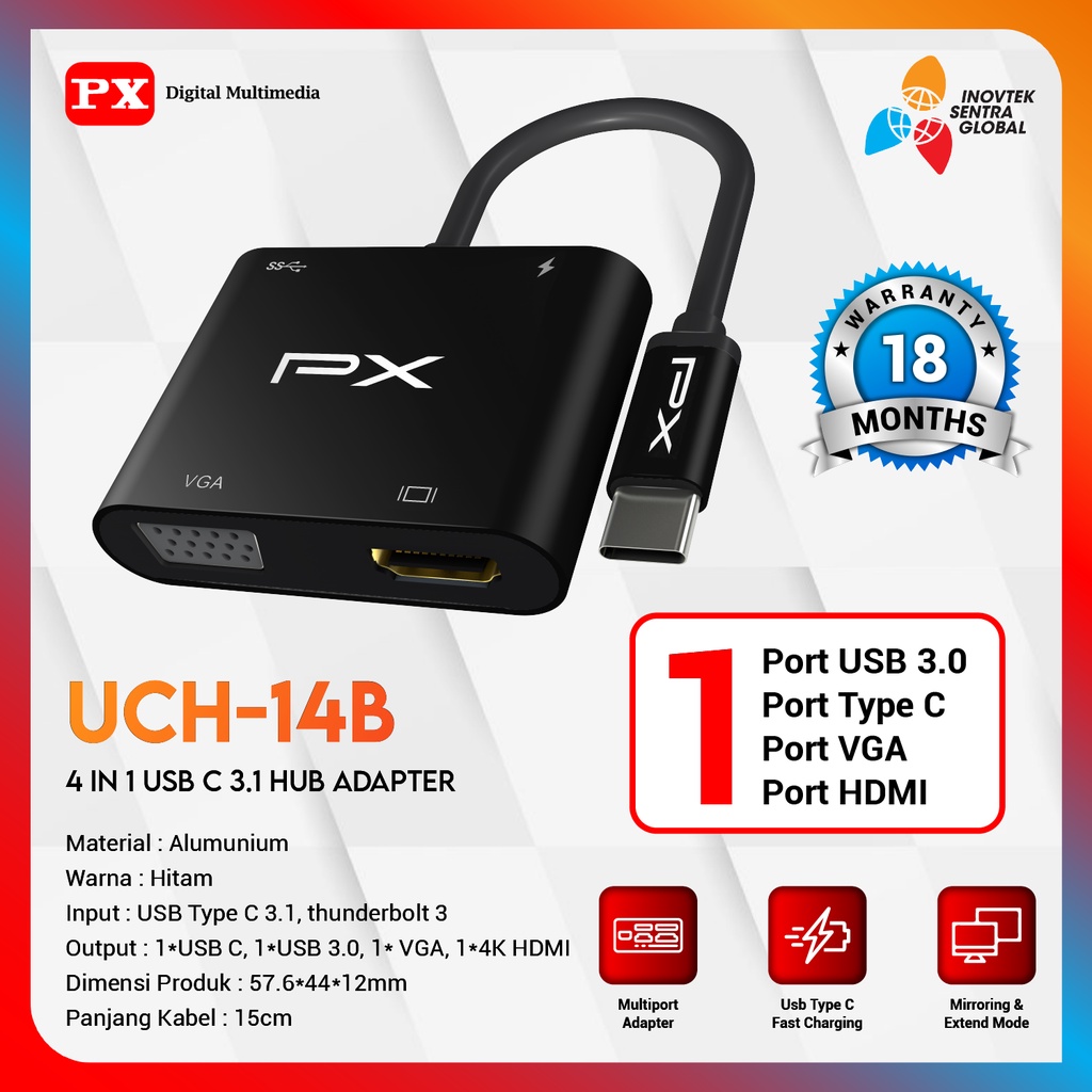 PX UCH14B 4K Converter Hub 4in1 USB Type C 3.1 to VGA PD USB 3.0