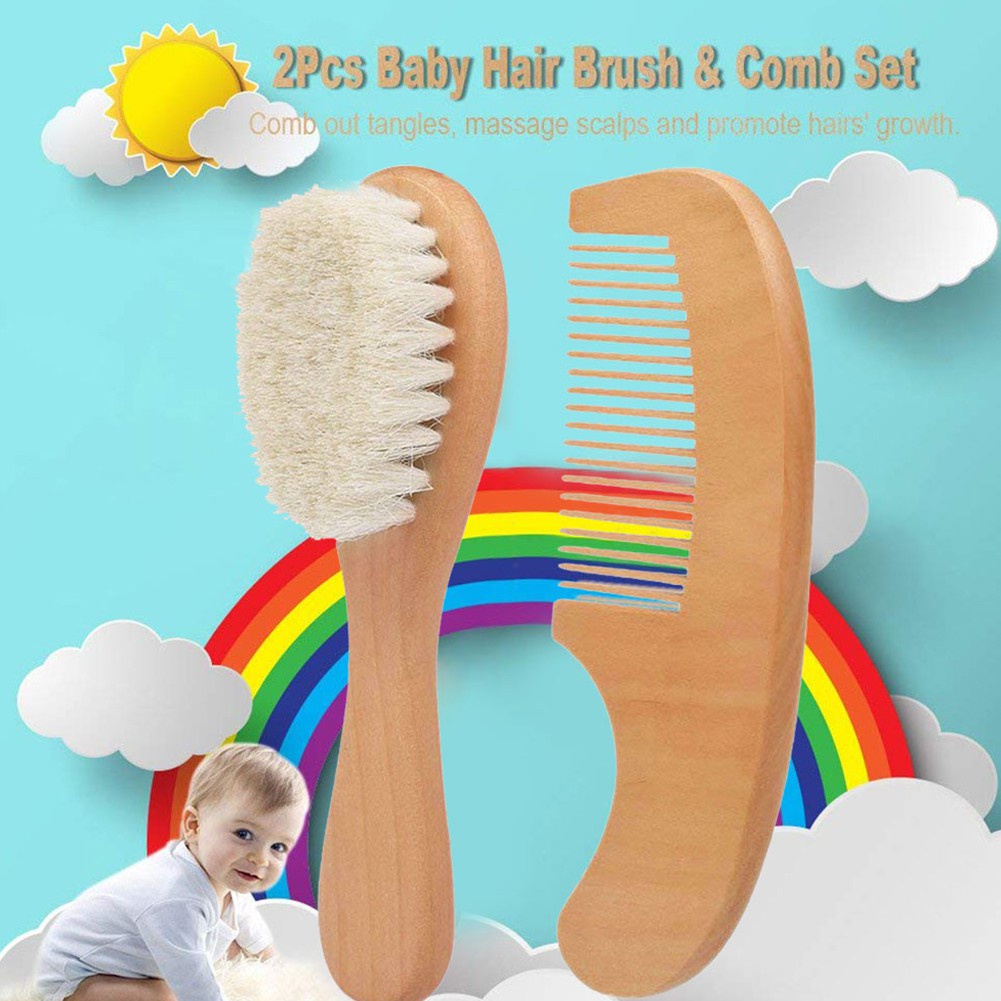 Goorabbit 2pcs / Set Sisir Rambut Wol Dengan Gagang Kayu Untuk Pijat / Perawatan Bayi