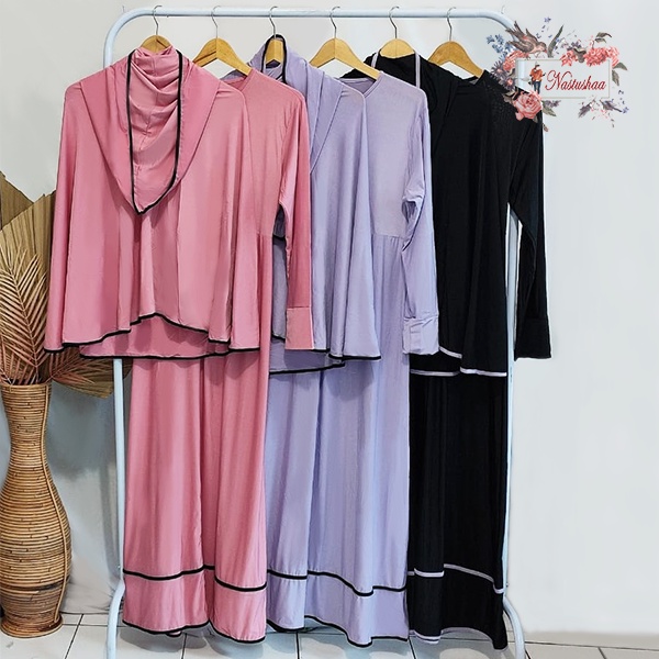 Dress Casual Gamis Syari Wanita Dewasa dan Remaja Baju Muslim Jersey Polos Sayap Hijab Ninja Hoodie Long Dress Variasi Lis Bahan Adem Busui Friendly Fit-XL-XXL