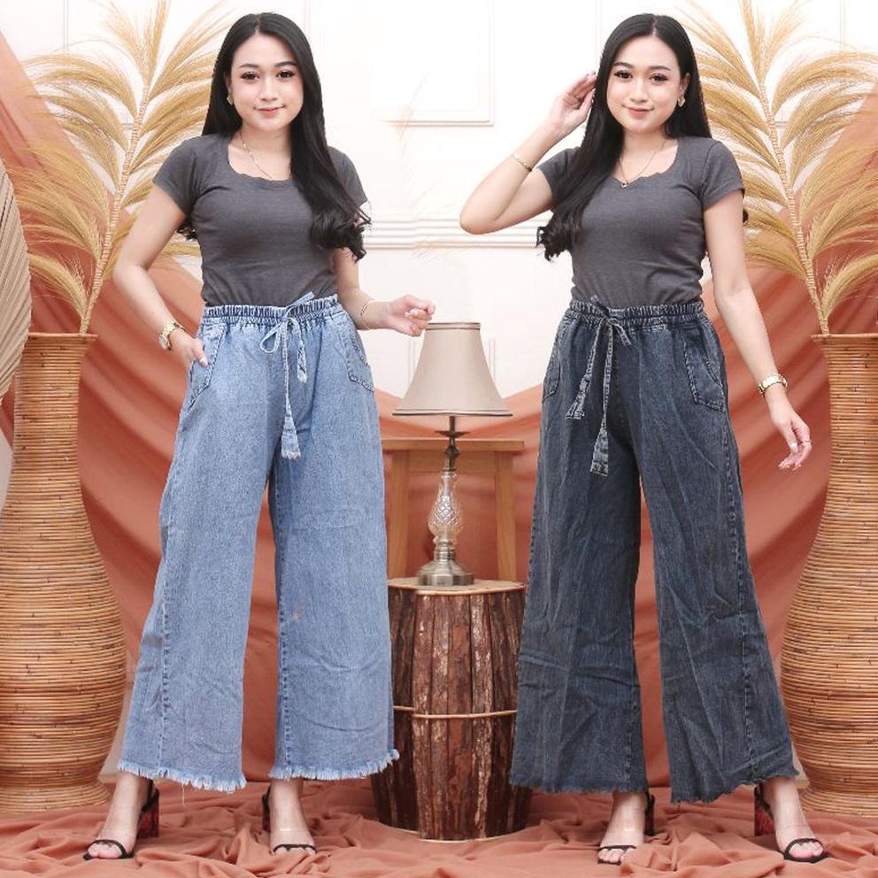 Chekout Kulot Rawis Jeans Pinggang Karet Snow Blue Celana Jeans Kulot Wanita Kekinian Size M L XL XX