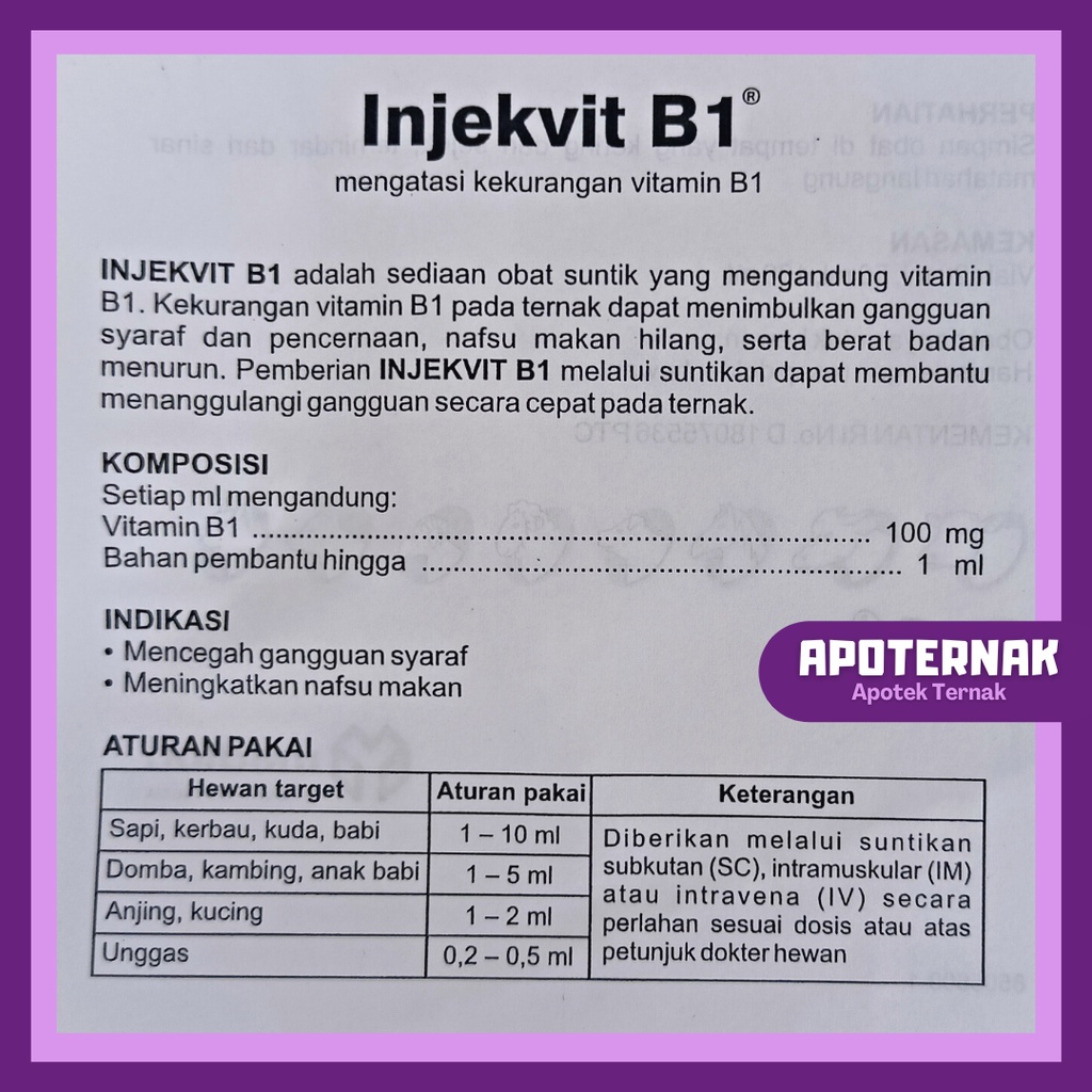 INJEKVIT B1 100 mL | Mengatasi Kekurangan Vitamin B1 Pada Sapi Kerbau Kuda Kambing Domba Ayam Anjing Kucing Hewan Ternak | Vitamin B1