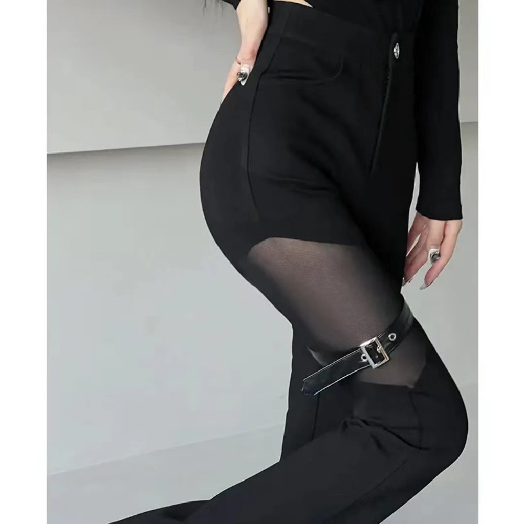 Red Spice Girls Sexy Black Pants Mesh Stitching Trend Personalized Bootstrap Pants Spring and Autumn Models Show High Temperament Serbaguna Kasual Wanita