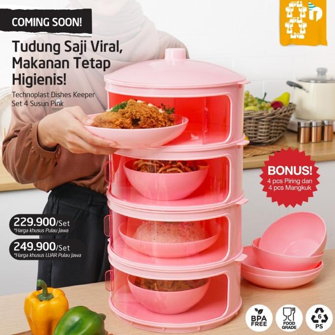 Tudung Saji Susun 4 Dishes Keeper Pink FREE Mangkuk dan Piring