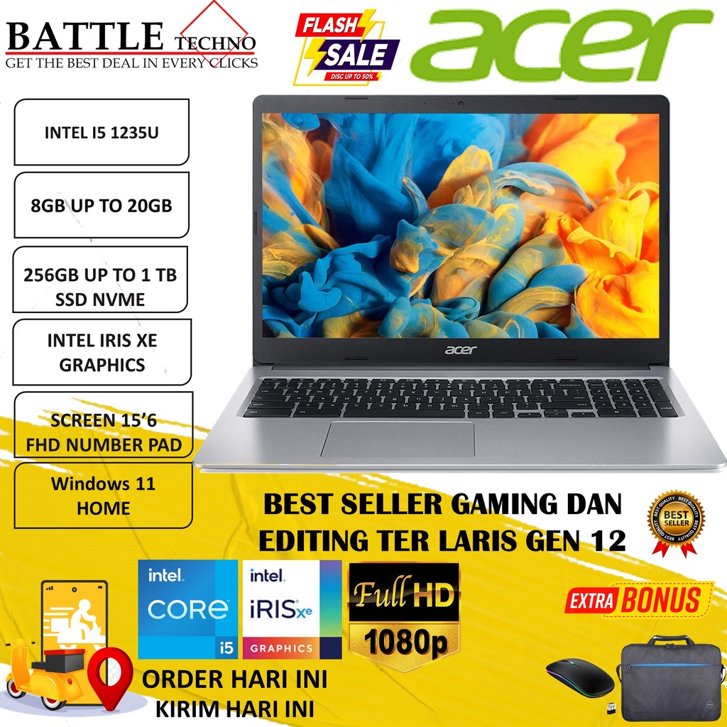 ACER ASPIRE 3 A315 INTEL I5 1235U 16GB 512GB IRIS XE 15.6&quot; FHD WIN11HOME TERBARU