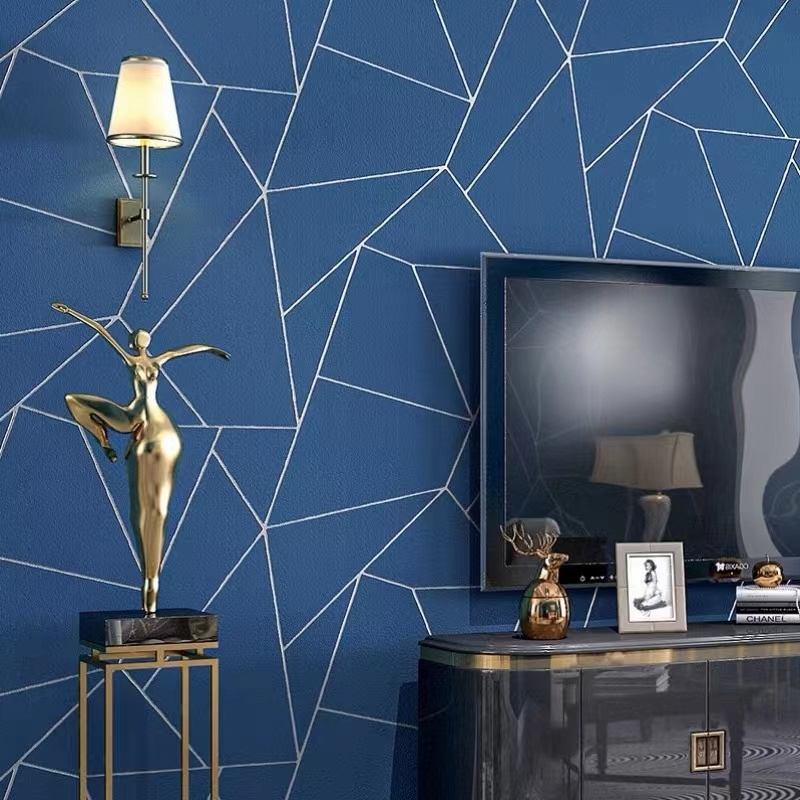 WALLPAPER DINDING NAVY GEOMETRI SILVER