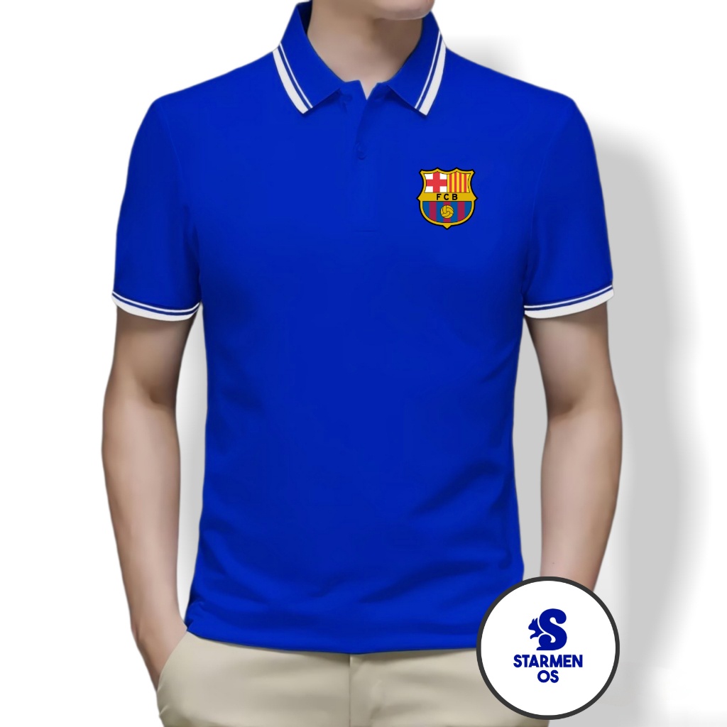 Kaos Polo Shirt Pria Kerah List Putih logo BARCELONA FCB