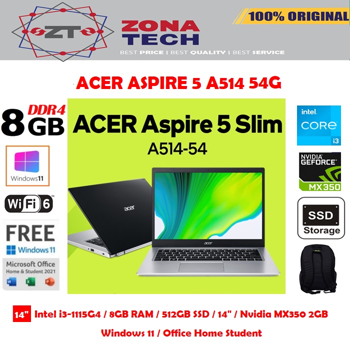 ACER ASPIRE 5 A514 54G - i3-1115G4 - 8GB - 512GB SSD - NVIDIA MX350 2GB - 14&quot;HD - WIN11 - OHS