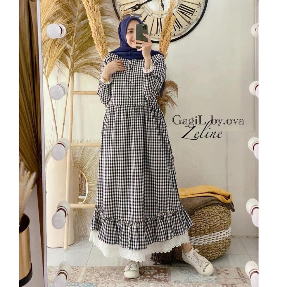 BEST RATING S96 Zeline Maxi - gamis kotak kotak terbaru - MURAH/Bisa COD - dress murah カ