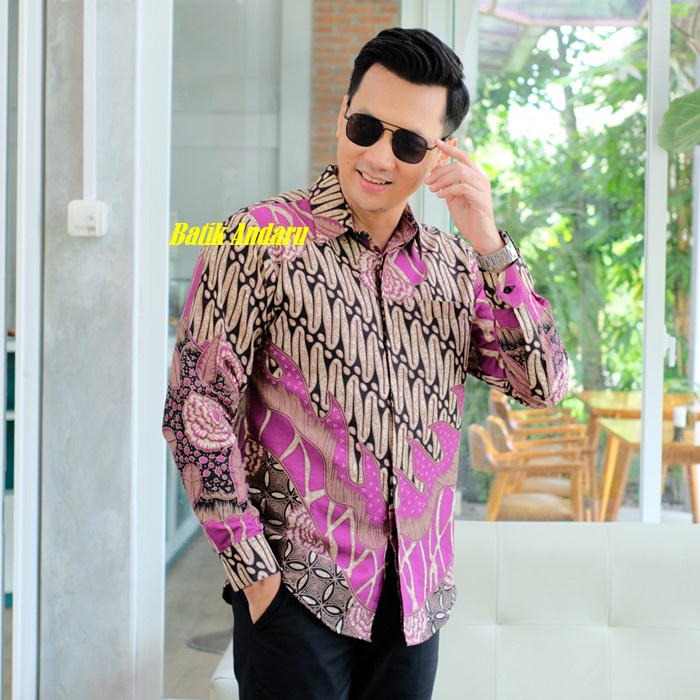 Baju Kemeja Batik Pria Slimfit Lengan Panjang Modern Atasan Premium Warna Ungu Lilac