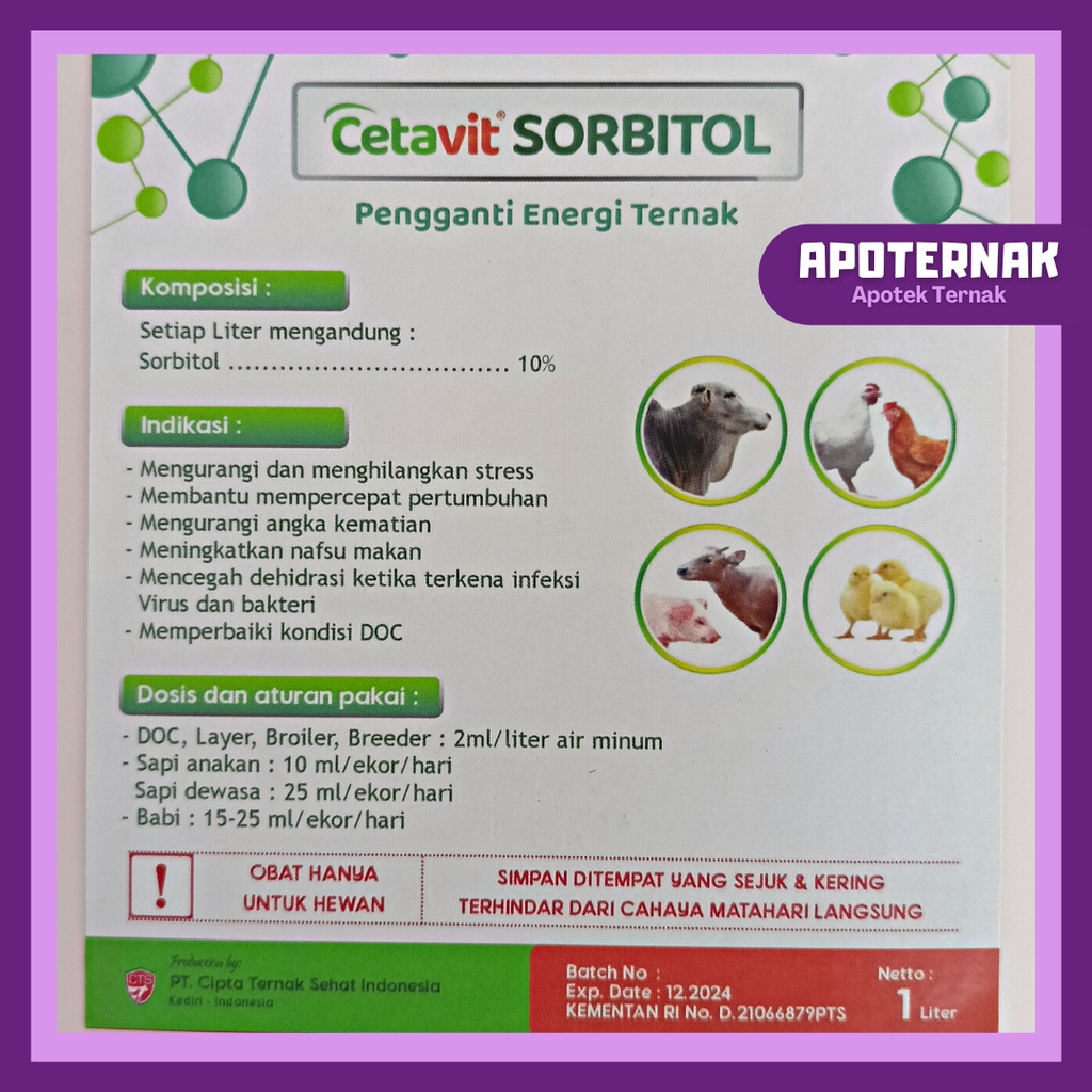 CETAVIT SORBITOL 1 Liter | Suplemen Penambah Pengganti Pemulih Energi Pada Hewan Ternak