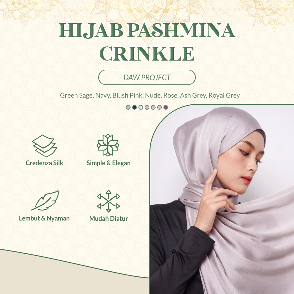 Daw Project Hijab Pashmina Crinkle Satin Silk Premium Shawl Warna (Green Sage, Navy, Blush Pink, Hit