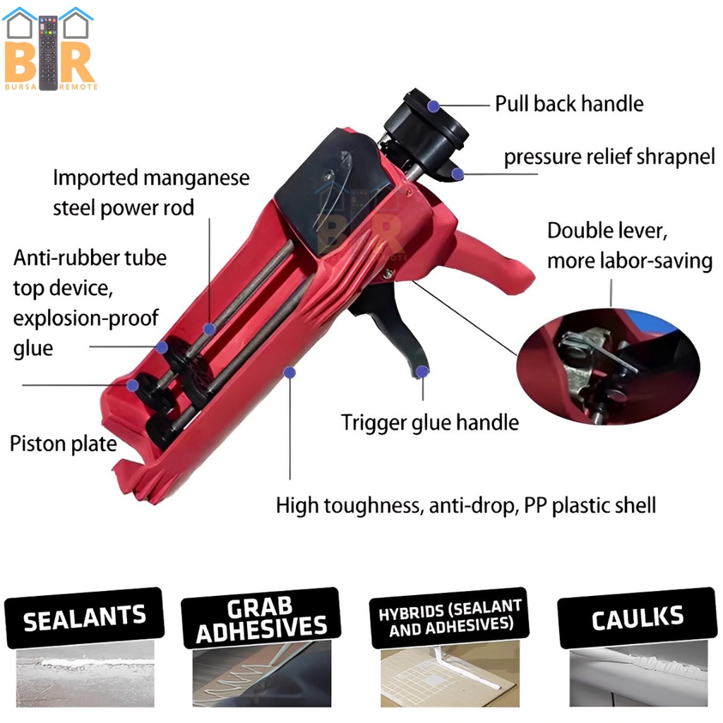 Alat Tembak Lem Silicone Double Caulking Gun Sealant Chemical Manual Tile Grout Epoxy Grout Glitter Nat Keramik