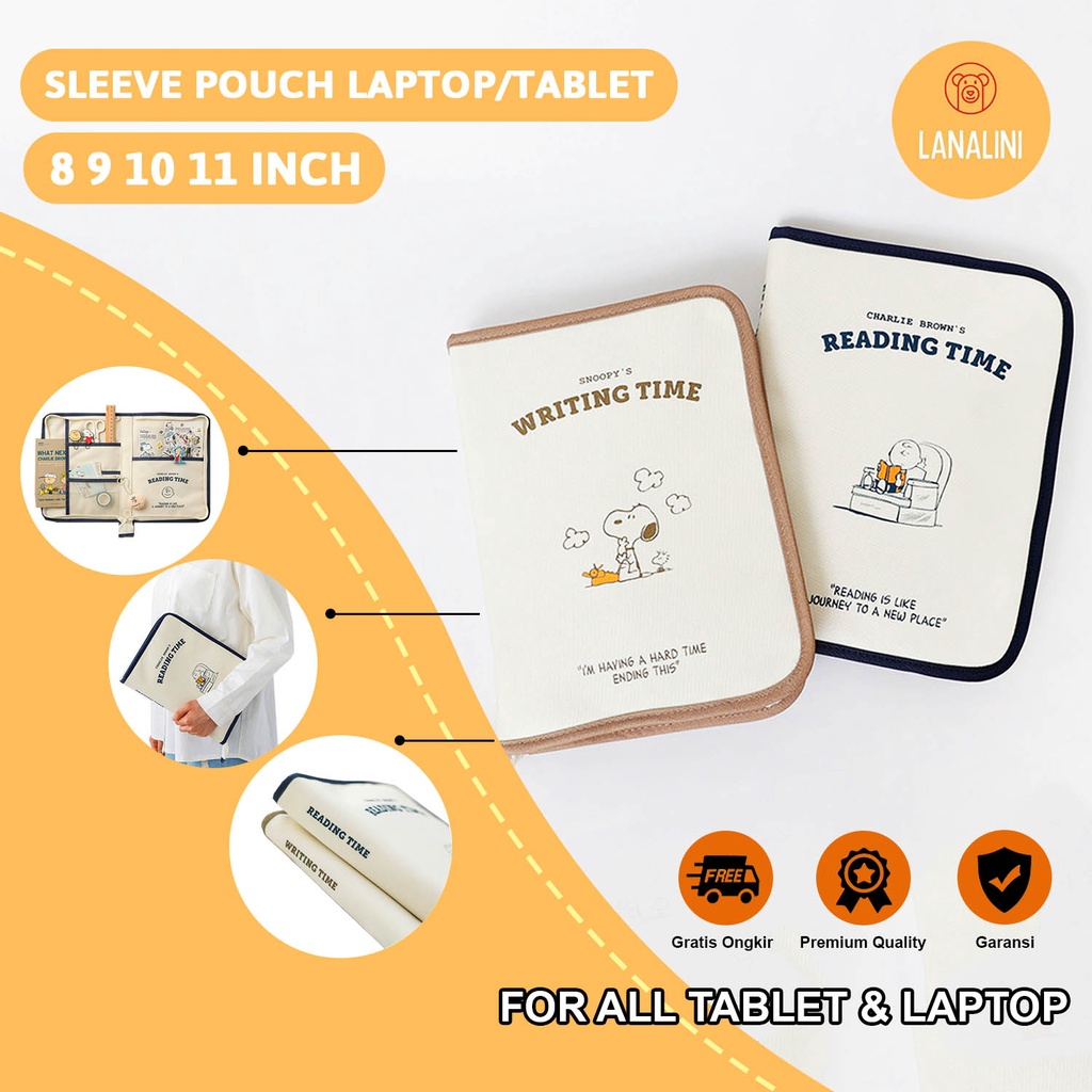 Sleeve Pouch Sarung Tas Bag Case Ipad Tab Tablet Macbook Air Pro Laptop Asus Acer Lenovo HP Huawei 11 12 13 14 15 inch Motif Gambar Kartun Cartoon Snoopy Warna Biru Navy Khaki Lucu Cute Murah Korean Model