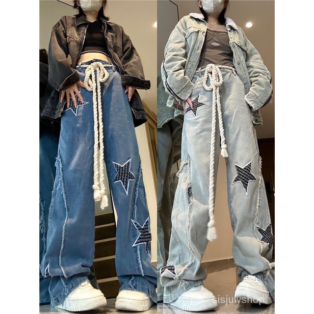 [✅BISA COD] #Sisjuly# Celana Jeans Lurus Bordir Amerika Wanita Berpinggang Tinggi Celana Kaki Lebar