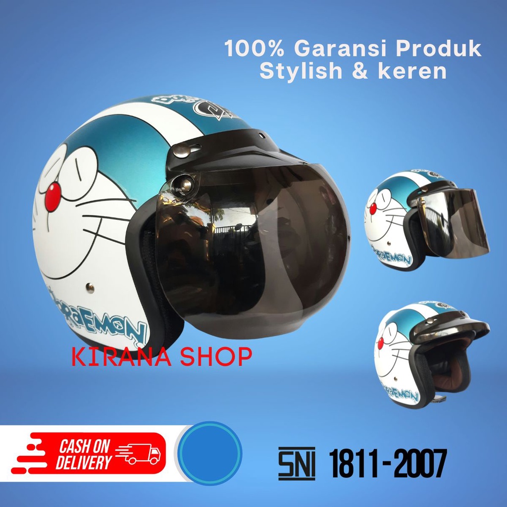 Helm Bogo Dewasa | Helm Bogo Full Cat Gambar Doraemon Warna Biru Doff