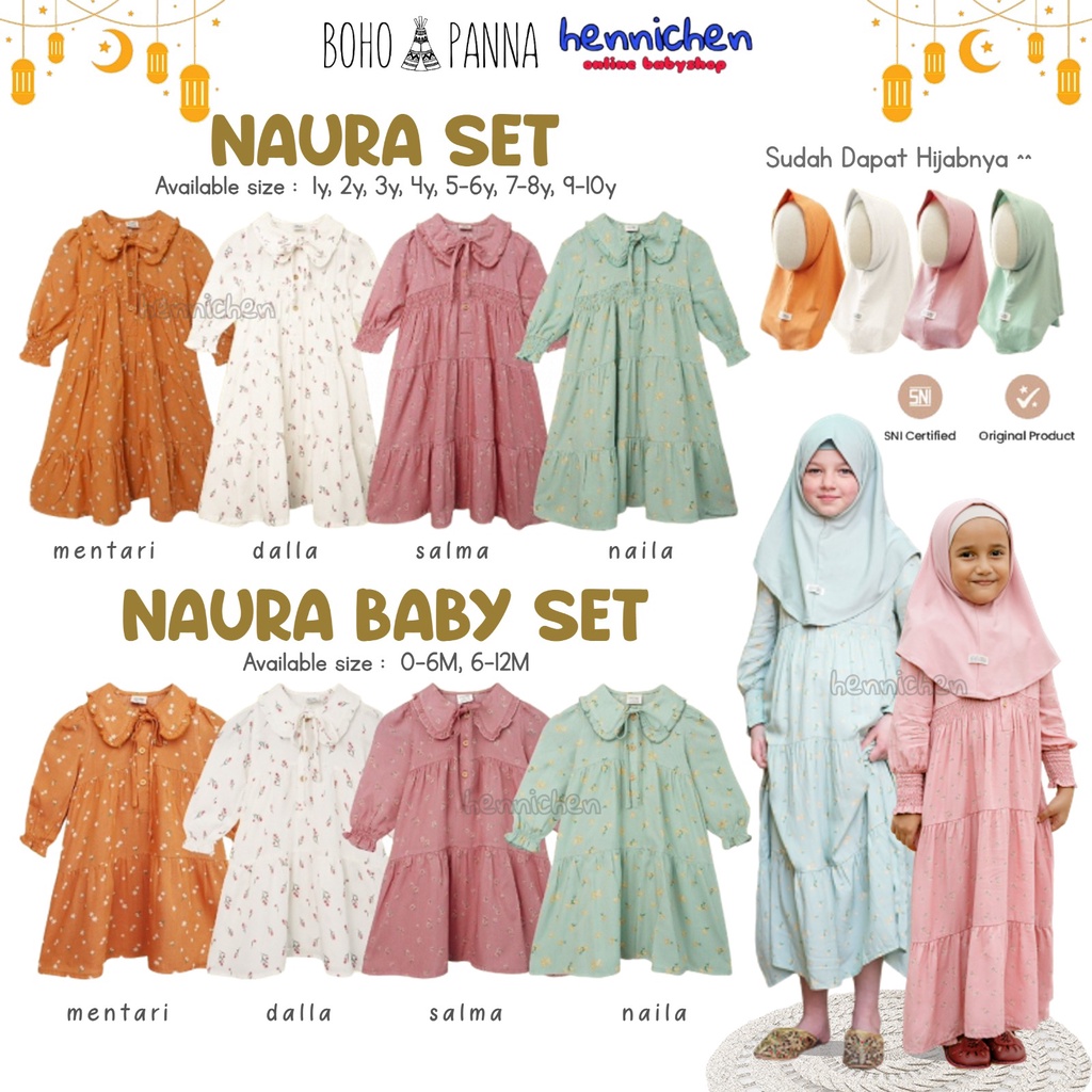 Bohopanna Naura Gamis Set 0-10 Tahun Set Gamis + Hijab Lebaran Anak Dan Bayi / Gamis Raya Anak Perempuan / Pakaian Muslim Anak