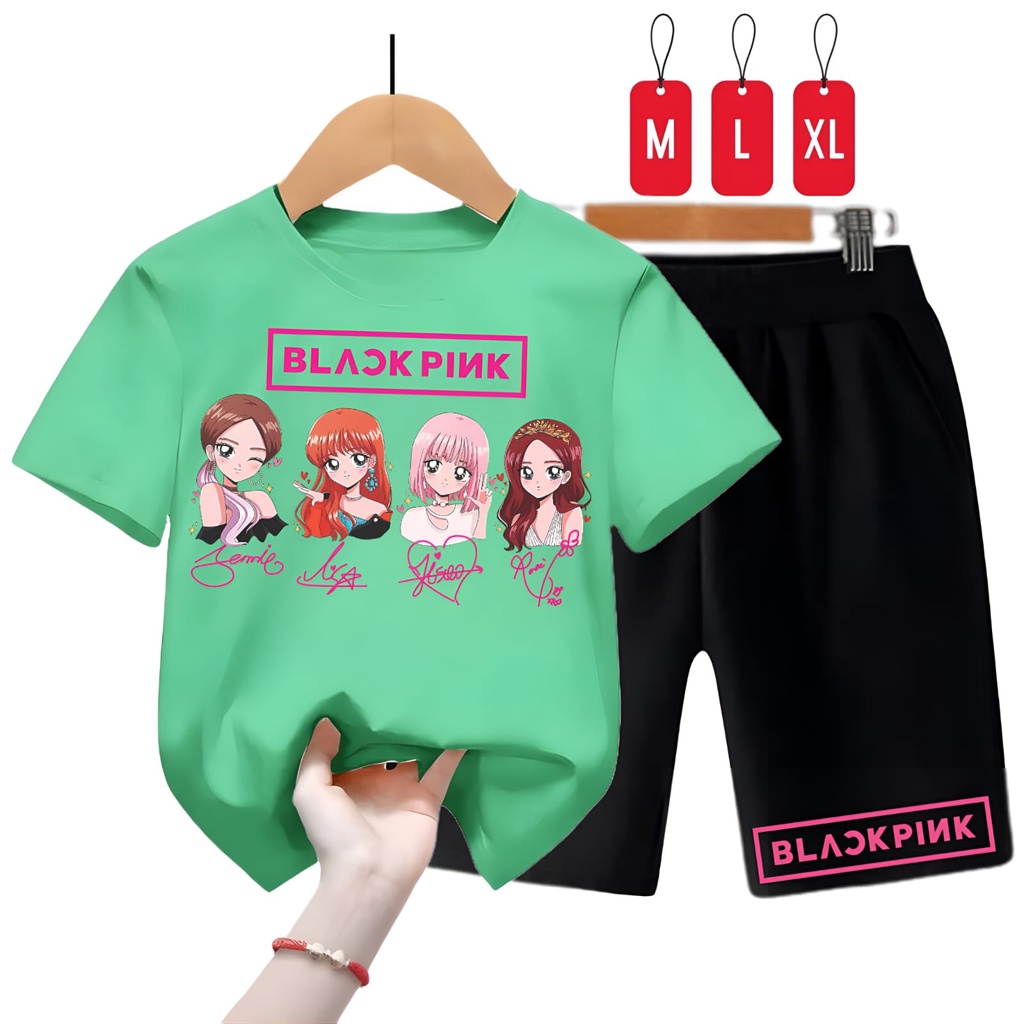 Hzl_outfit Baju Setelan Kaos Anak Perempuan B PINK