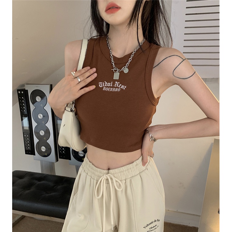 Red Seksi Pendek Berbentuk I Hitam Rompi Dalam Wanita Musim Panas Spice Girls Slim Luar Memakai Suspender Tanpa Lengan Dibungkus Dada Top