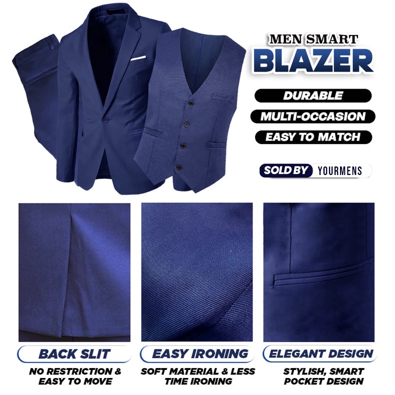 SETELAN BLAZER PRIA NAVY LIST 3IN1 INCLUDE JAS, CELANA DAN VEST LEBIH HEMAT BAHAN ISTIMEWA HIGH TWIST