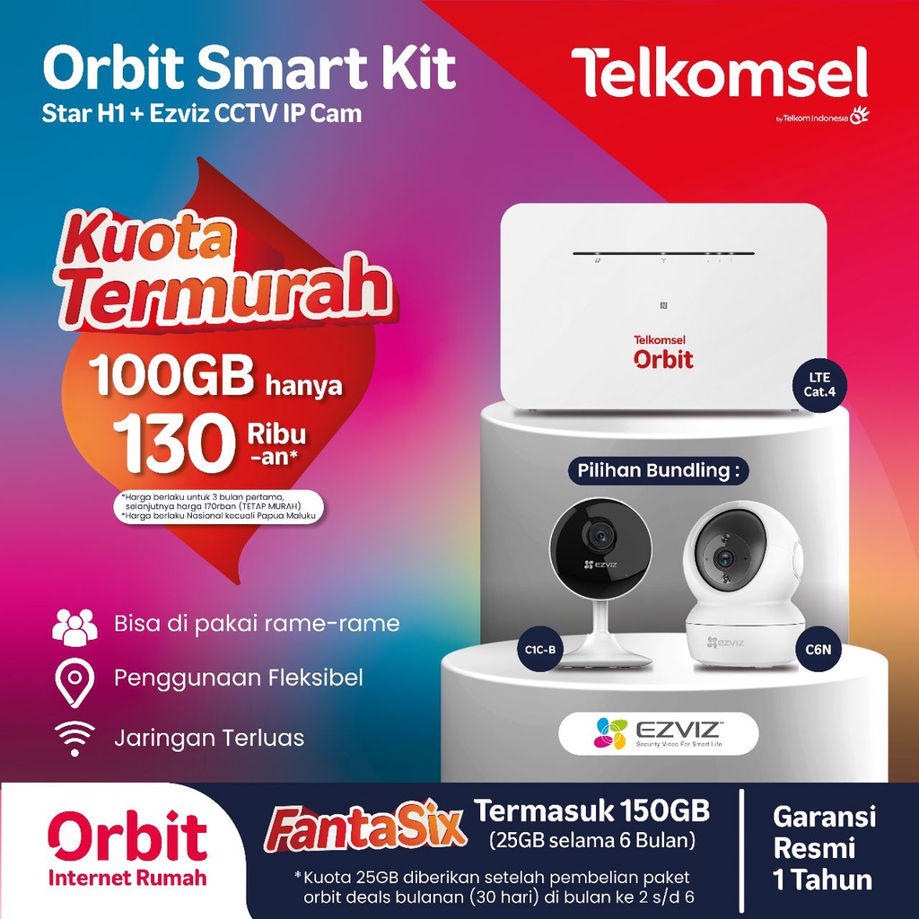 Telkomsel Orbit Star H1 Modem Wifi 4G High Speed Bonus Data + Ezviz CCTV C6N