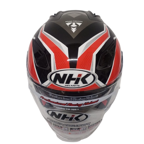 HELM NHK R1 SUBJECT BLACK RED SILVER HALF FACE NHK R1 DOUBLE VISOR