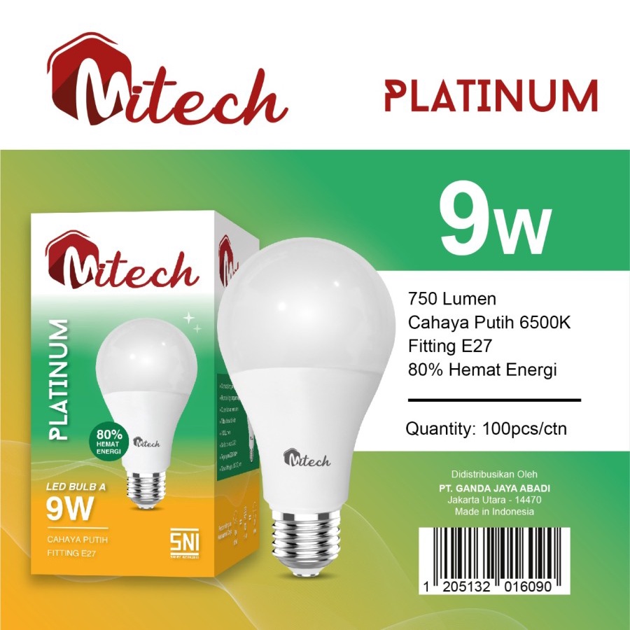 Lampu Bohlam Led Bulb MITECH PLATINUM Putih 6500K 5w 7w 9w 12w 15w 18w 21w SNI