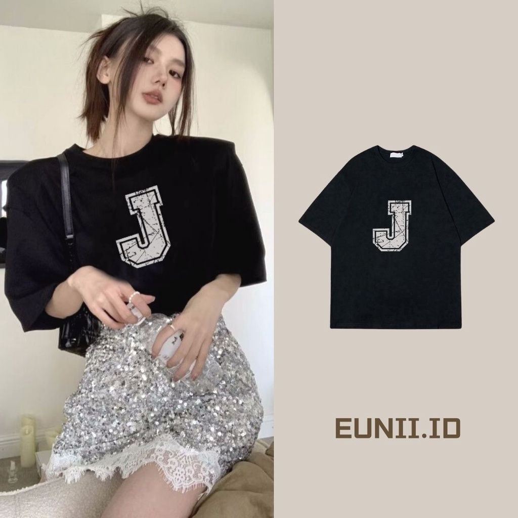 EUNII T-shirt Lengan Pendek Retro Letter J Korean Style/Kaos Atasan Wanita/Baju Kaus Oversize Wanita/Kaos Wanita