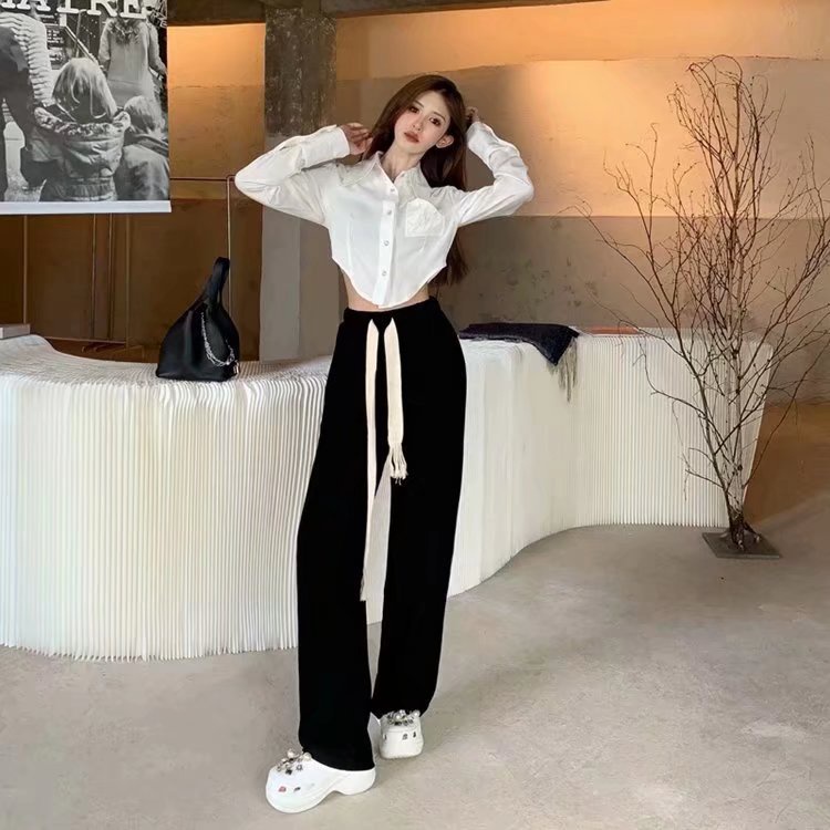 EUNII Celana Panjang Sweat Hitam Wanita Loose Highwaist Celana Pants Casual Korean Style