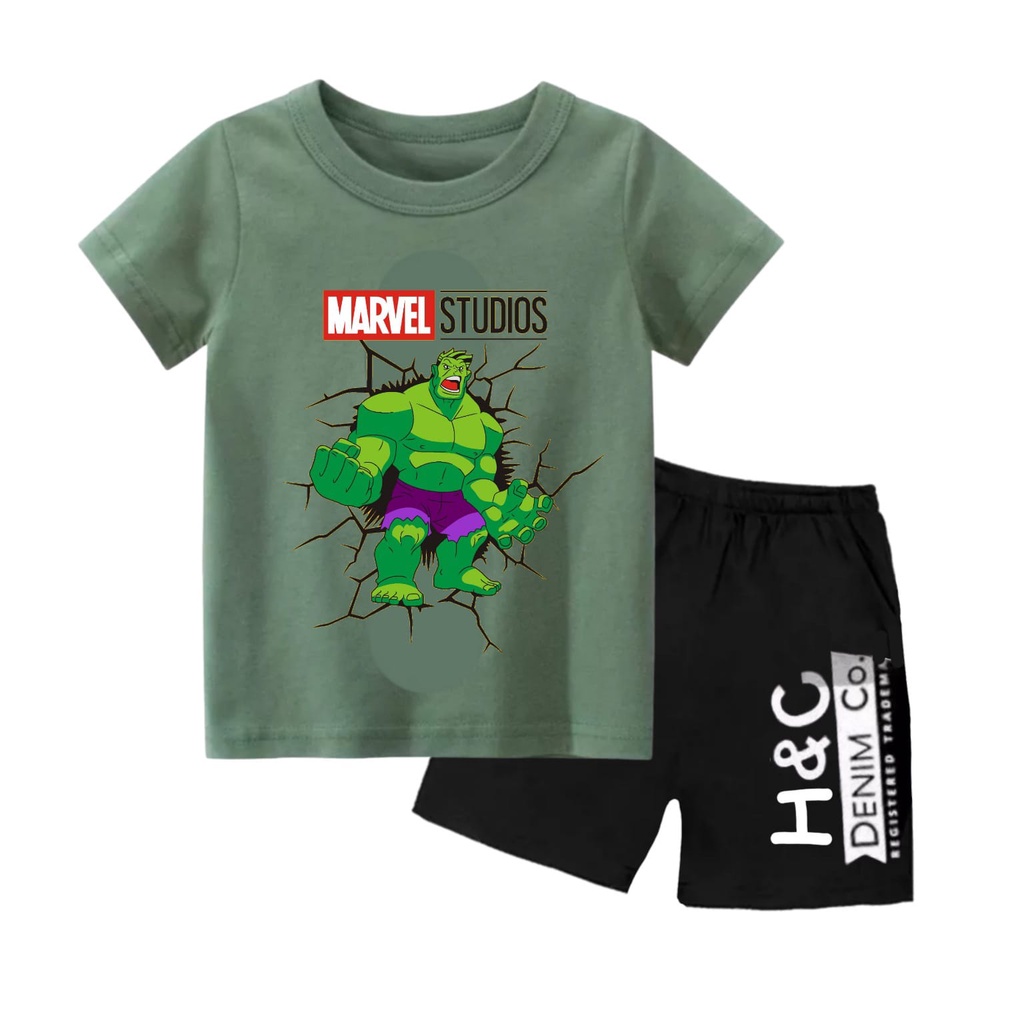 Rdkidzid Setelan Pendek Baju Kaos Anak Laki Set Lengan Pendek Anak Cow Motif Hulk Berwarna