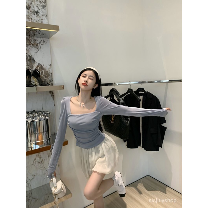 [✅BISA COD] #Sisjuly# Atasan kemeja kaos lengan panjang leher persegi pelangsing pinggang musim semi