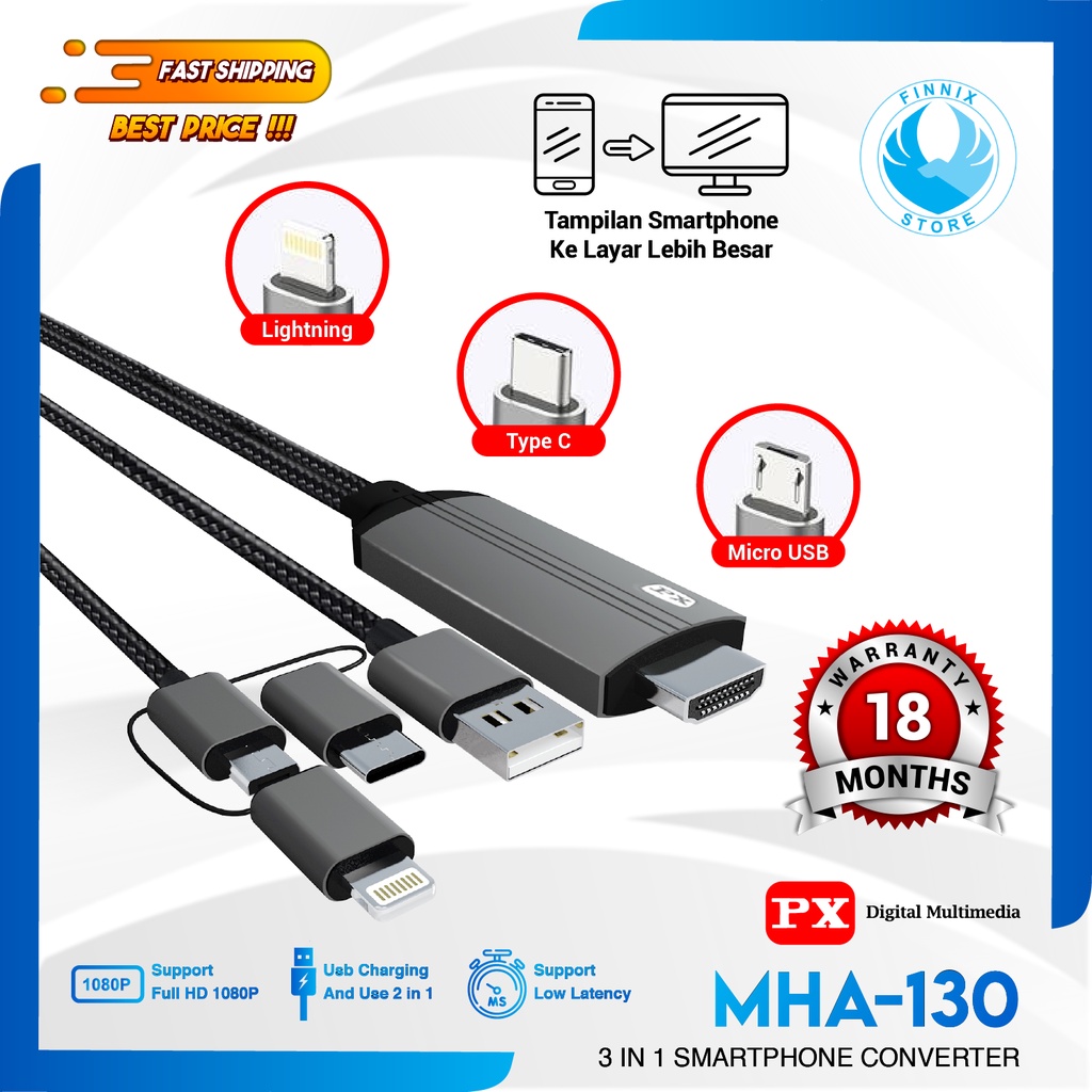 PX MHA-130 Kabel ke Type C USB/Micro/Lightning Converter 3in1 2M