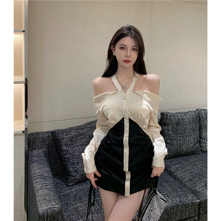 Red Retro temperamen kontras warna splicing palsu dua potong gaun wanita musim panas keinginan murni menggantung leher strapless serut rok lipit pinggul