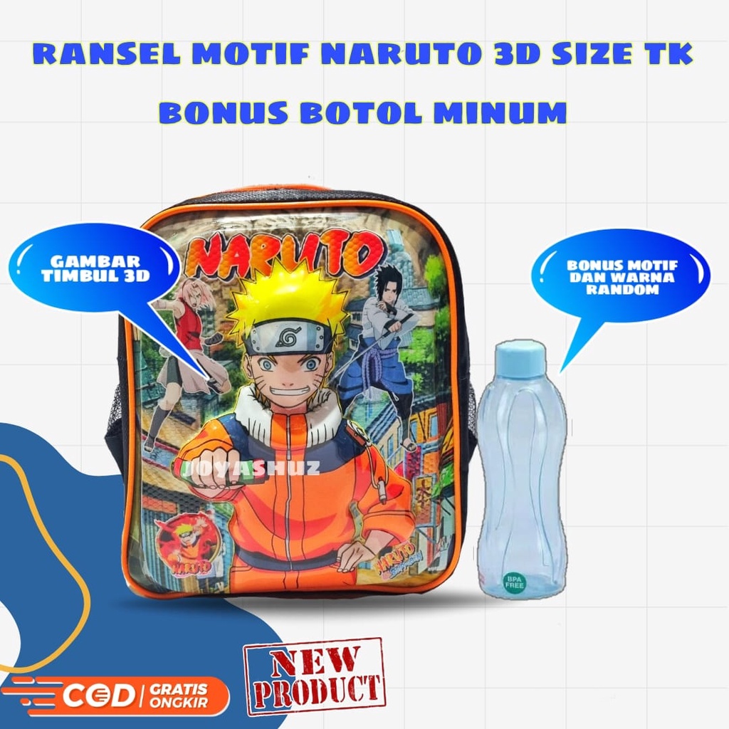 Tas 3D Anak TK Berbonus - Ransel  3D Anak SD Naruto - Tas Sekolah Anak TK Karakter Naruto - Tas Anak Laki-Laki tk Gratis Botol Dan Misting - Tas Sekolah Anak Karakter Lucu - Joyashuz